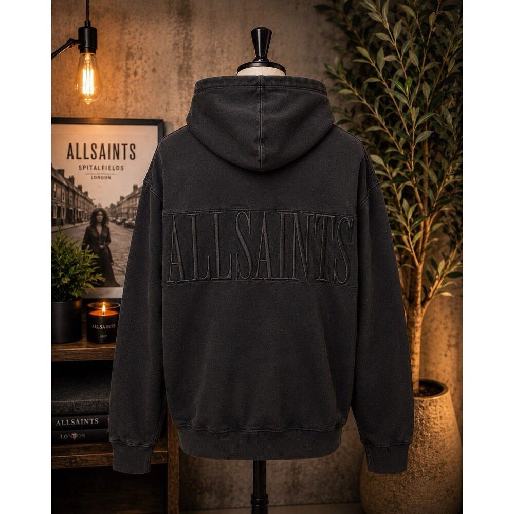 AllSaints Black Cotton Fleece Pullover Hoodie Logo Pockets Men's Size M